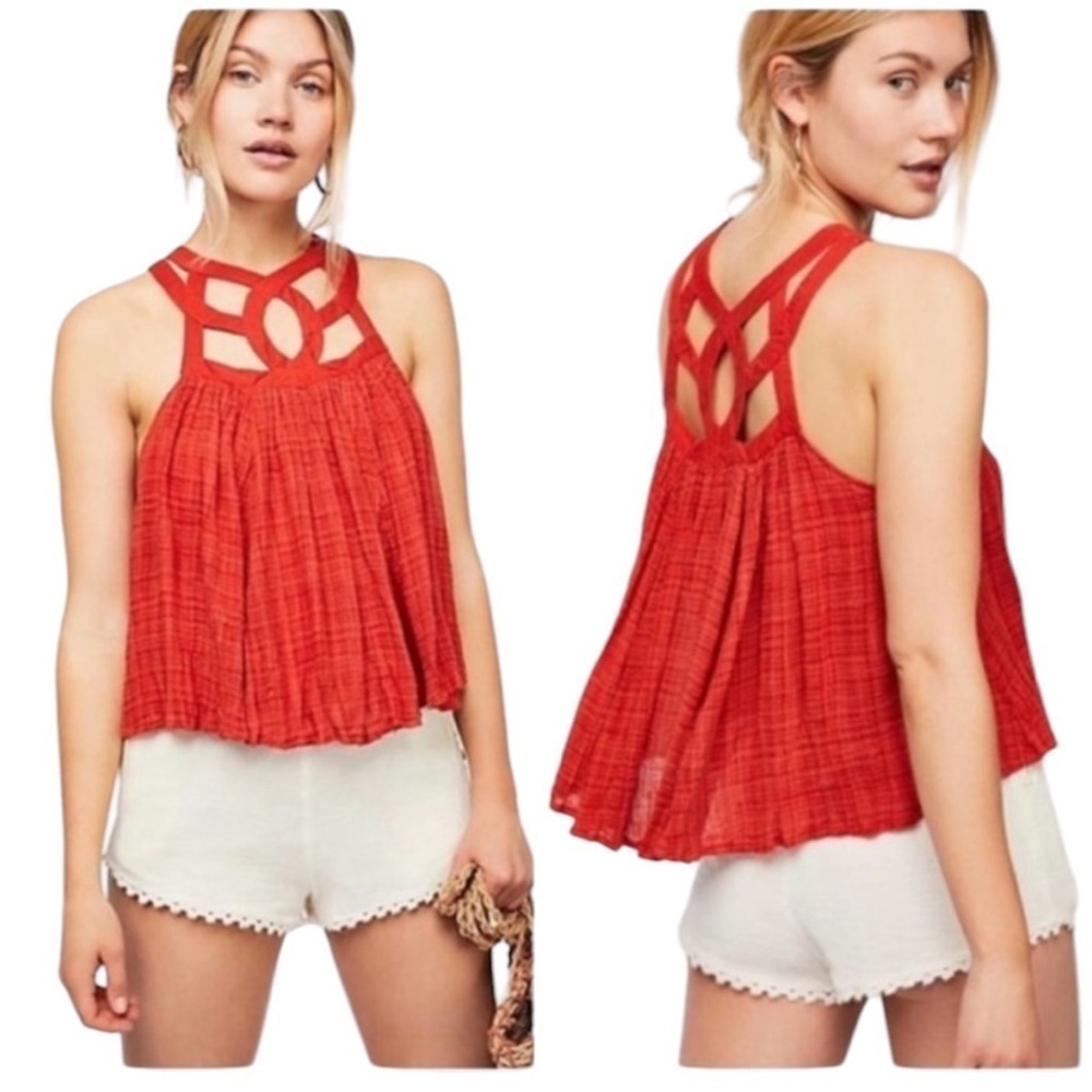Free People Red Textured Cage-Back Tank Top